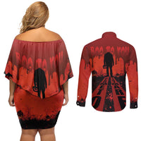 Halloween Nightmare Couples Matching Off Shoulder Short Dress and Long Sleeve Button Shirt Pumpkin-faced Jack O Lantern With a Scary Smile Blood Vibe - Wonder Print Shop