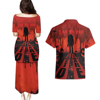 Halloween Nightmare Couples Matching Puletasi and Hawaiian Shirt Pumpkin-faced Jack O Lantern With a Scary Smile Blood Vibe - Wonder Print Shop