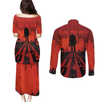 Halloween Nightmare Couples Matching Puletasi and Long Sleeve Button Shirt Pumpkin-faced Jack O Lantern With a Scary Smile Blood Vibe - Wonder Print Shop