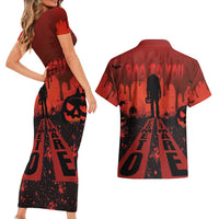 Halloween Nightmare Couples Matching Short Sleeve Bodycon Dress and Hawaiian Shirt Pumpkin-faced Jack O Lantern With a Scary Smile Blood Vibe - Wonder Print Shop