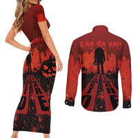 Halloween Nightmare Couples Matching Short Sleeve Bodycon Dress and Long Sleeve Button Shirt Pumpkin-faced Jack O Lantern With a Scary Smile Blood Vibe - Wonder Print Shop