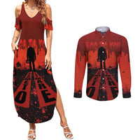 Halloween Nightmare Couples Matching Summer Maxi Dress and Long Sleeve Button Shirt Pumpkin-faced Jack O Lantern With a Scary Smile Blood Vibe - Wonder Print Shop