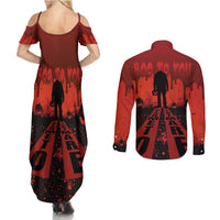 Halloween Nightmare Couples Matching Summer Maxi Dress and Long Sleeve Button Shirt Pumpkin-faced Jack O Lantern With a Scary Smile Blood Vibe - Wonder Print Shop