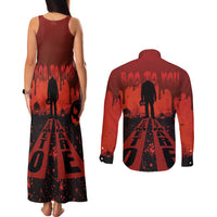 Halloween Nightmare Couples Matching Tank Maxi Dress and Long Sleeve Button Shirt Pumpkin-faced Jack O Lantern With a Scary Smile Blood Vibe - Wonder Print Shop