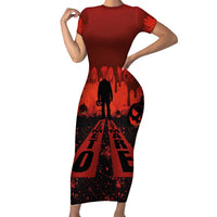 Halloween Nightmare Family Matching Short Sleeve Bodycon Dress and Hawaiian Shirt Pumpkin-faced Jack O Lantern With a Scary Smile Blood Vibe - Wonder Print Shop