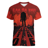 Halloween Nightmare Women V-Neck T-Shirt Pumpkin-faced Jack O Lantern With a Scary Smile Blood Vibe - Wonder Print Shop