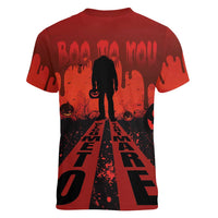 Halloween Nightmare Women V-Neck T-Shirt Pumpkin-faced Jack O Lantern With a Scary Smile Blood Vibe - Wonder Print Shop