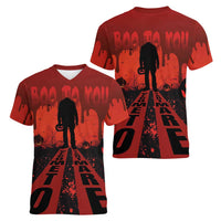 Halloween Nightmare Women V-Neck T-Shirt Pumpkin-faced Jack O Lantern With a Scary Smile Blood Vibe - Wonder Print Shop