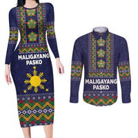 Philippines Merry Christmas Couples Matching Long Sleeve Bodycon Dress and Long Sleeve Button Shirt Maligayang Pasko with Parol and Xmas Pattern Barong Style - Wonder Print Shop