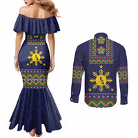 Philippines Merry Christmas Couples Matching Mermaid Dress and Long Sleeve Button Shirt Maligayang Pasko with Parol and Xmas Pattern Barong Style