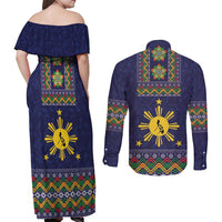 Philippines Merry Christmas Couples Matching Off Shoulder Maxi Dress and Long Sleeve Button Shirt Maligayang Pasko with Parol and Xmas Pattern Barong Style - Wonder Print Shop