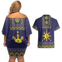 Philippines Merry Christmas Couples Matching Off Shoulder Short Dress and Hawaiian Shirt Maligayang Pasko with Parol and Xmas Pattern Barong Style - Wonder Print Shop