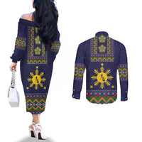 Philippines Merry Christmas Couples Matching Off The Shoulder Long Sleeve Dress and Long Sleeve Button Shirt Maligayang Pasko with Parol and Xmas Pattern Barong Style