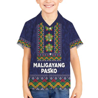 Philippines Merry Christmas Kid Hawaiian Shirt Maligayang Pasko with Parol and Xmas Pattern Barong Style - Wonder Print Shop