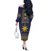 Philippines Merry Christmas Off The Shoulder Long Sleeve Dress Maligayang Pasko with Parol and Xmas Pattern Barong Style - Wonder Print Shop