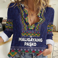 Philippines Merry Christmas Women Casual Shirt Maligayang Pasko with Parol and Xmas Pattern Barong Style - Wonder Print Shop