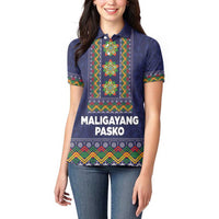 Philippines Merry Christmas Women Polo Shirt Maligayang Pasko with Parol and Xmas Pattern Barong Style - Wonder Print Shop