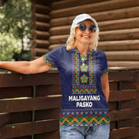 Philippines Merry Christmas Women Polo Shirt Maligayang Pasko with Parol and Xmas Pattern Barong Style - Wonder Print Shop