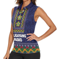 Philippines Merry Christmas Women Sleeveless Polo Shirt Maligayang Pasko with Parol and Xmas Pattern Barong Style - Wonder Print Shop