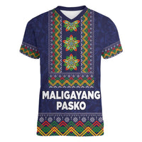 Philippines Merry Christmas Women V-Neck T-Shirt Maligayang Pasko with Parol and Xmas Pattern Barong Style - Wonder Print Shop