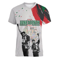 Personalized Juneteenth Freedom Day Women V-Neck T-Shirt 1968 Black Power Salute - Wonder Print Shop