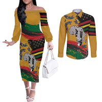 Juneteenth Freedom Day Couples Matching Off The Shoulder Long Sleeve Dress and Long Sleeve Button Shirt 1968 Olympics Black Power Salute Broken Chain