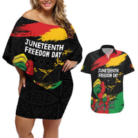 Personalized Juneteenth Freedom Day Couples Matching Off Shoulder Short Dress and Hawaiian Shirt Raised Fist Black Power and Africa Pattern - Wonder Print Shop