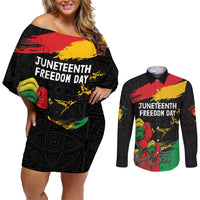 Personalized Juneteenth Freedom Day Couples Matching Off Shoulder Short Dress and Long Sleeve Button Shirt Raised Fist Black Power and Africa Pattern - Wonder Print Shop
