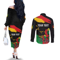 Personalized Juneteenth Freedom Day Couples Matching Off The Shoulder Long Sleeve Dress and Long Sleeve Button Shirt Raised Fist Black Power and Africa Pattern