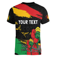 Personalized Juneteenth Freedom Day Women V-Neck T-Shirt Raised Fist Black Power and Africa Pattern - Wonder Print Shop