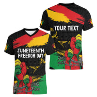 Personalized Juneteenth Freedom Day Women V-Neck T-Shirt Raised Fist Black Power and Africa Pattern - Wonder Print Shop