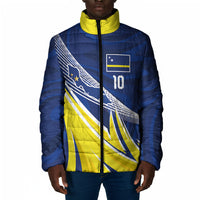 Curacao National Football Custom Padded Jacket Abstract Sharp Wave Pattern Sporty Style with Map