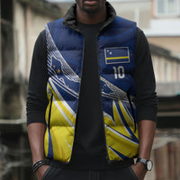 Curacao National Football Custom Sleeveless Puffer Jacket Abstract Sharp Wave Pattern Sporty Style with Map