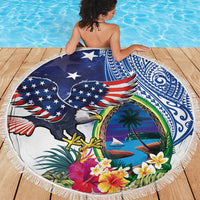 Guam and United States Together Beach Blanket Bald Eagle and Guam Seal with Flower and Tribal Tattoos - Wonder Print Shop