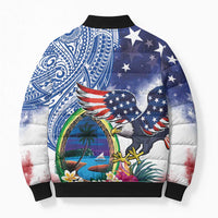 Guam and United States Together Bomber Puffer Jacket Bald Eagle and Guam Seal with Flower and Tribal Tattoos - Wonder Print Shop