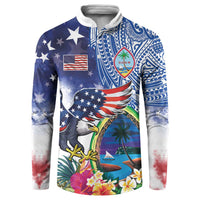 Guam and United States Together Button Sweatshirt Bald Eagle and Guam Seal with Flower and Tribal Tattoos - Wonder Print Shop