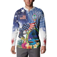 Guam and United States Together Button Sweatshirt Bald Eagle and Guam Seal with Flower and Tribal Tattoos - Wonder Print Shop
