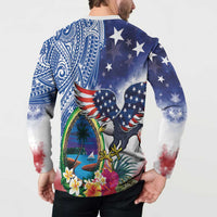 Guam and United States Together Button Sweatshirt Bald Eagle and Guam Seal with Flower and Tribal Tattoos - Wonder Print Shop