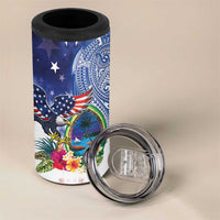 Guam and United States Together 4 in 1 Can Cooler Tumbler Bald Eagle and Guam Seal with Flower and Tribal Tattoos - Wonder Print Shop