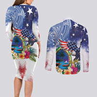 Guam and United States Together Couples Matching Long Sleeve Bodycon Dress and Long Sleeve Button Shirt Bald Eagle and Guam Seal with Flower and Tribal Tattoos - Wonder Print Shop