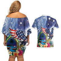 Guam and United States Together Couples Matching Off Shoulder Short Dress and Hawaiian Shirt Bald Eagle and Guam Seal with Flower and Tribal Tattoos - Wonder Print Shop
