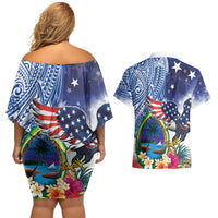 Guam and United States Together Couples Matching Off Shoulder Short Dress and Hawaiian Shirt Bald Eagle and Guam Seal with Flower and Tribal Tattoos - Wonder Print Shop