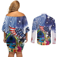 Guam and United States Together Couples Matching Off Shoulder Short Dress and Long Sleeve Button Shirt Bald Eagle and Guam Seal with Flower and Tribal Tattoos - Wonder Print Shop