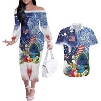 Guam and United States Together Couples Matching Off The Shoulder Long Sleeve Dress and Hawaiian Shirt Bald Eagle and Guam Seal with Flower and Tribal Tattoos - Wonder Print Shop