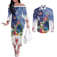 Guam and United States Together Couples Matching Off The Shoulder Long Sleeve Dress and Long Sleeve Button Shirt Bald Eagle and Guam Seal with Flower and Tribal Tattoos - Wonder Print Shop