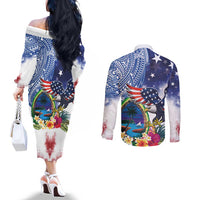 Guam and United States Together Couples Matching Off The Shoulder Long Sleeve Dress and Long Sleeve Button Shirt Bald Eagle and Guam Seal with Flower and Tribal Tattoos - Wonder Print Shop