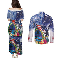 Guam and United States Together Couples Matching Puletasi and Long Sleeve Button Shirt Bald Eagle and Guam Seal with Flower and Tribal Tattoos - Wonder Print Shop