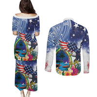 Guam and United States Together Couples Matching Puletasi and Long Sleeve Button Shirt Bald Eagle and Guam Seal with Flower and Tribal Tattoos - Wonder Print Shop