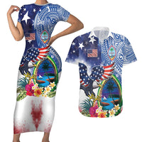 Guam and United States Together Couples Matching Short Sleeve Bodycon Dress and Hawaiian Shirt Bald Eagle and Guam Seal with Flower and Tribal Tattoos - Wonder Print Shop