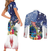 Guam and United States Together Couples Matching Short Sleeve Bodycon Dress and Long Sleeve Button Shirt Bald Eagle and Guam Seal with Flower and Tribal Tattoos - Wonder Print Shop